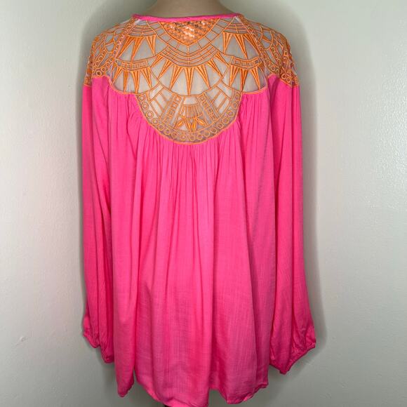 David Meister Peasant Top 1X Womens Plus Embroidered Relaxed Pink Orange Rayon - Picture 3 of 8